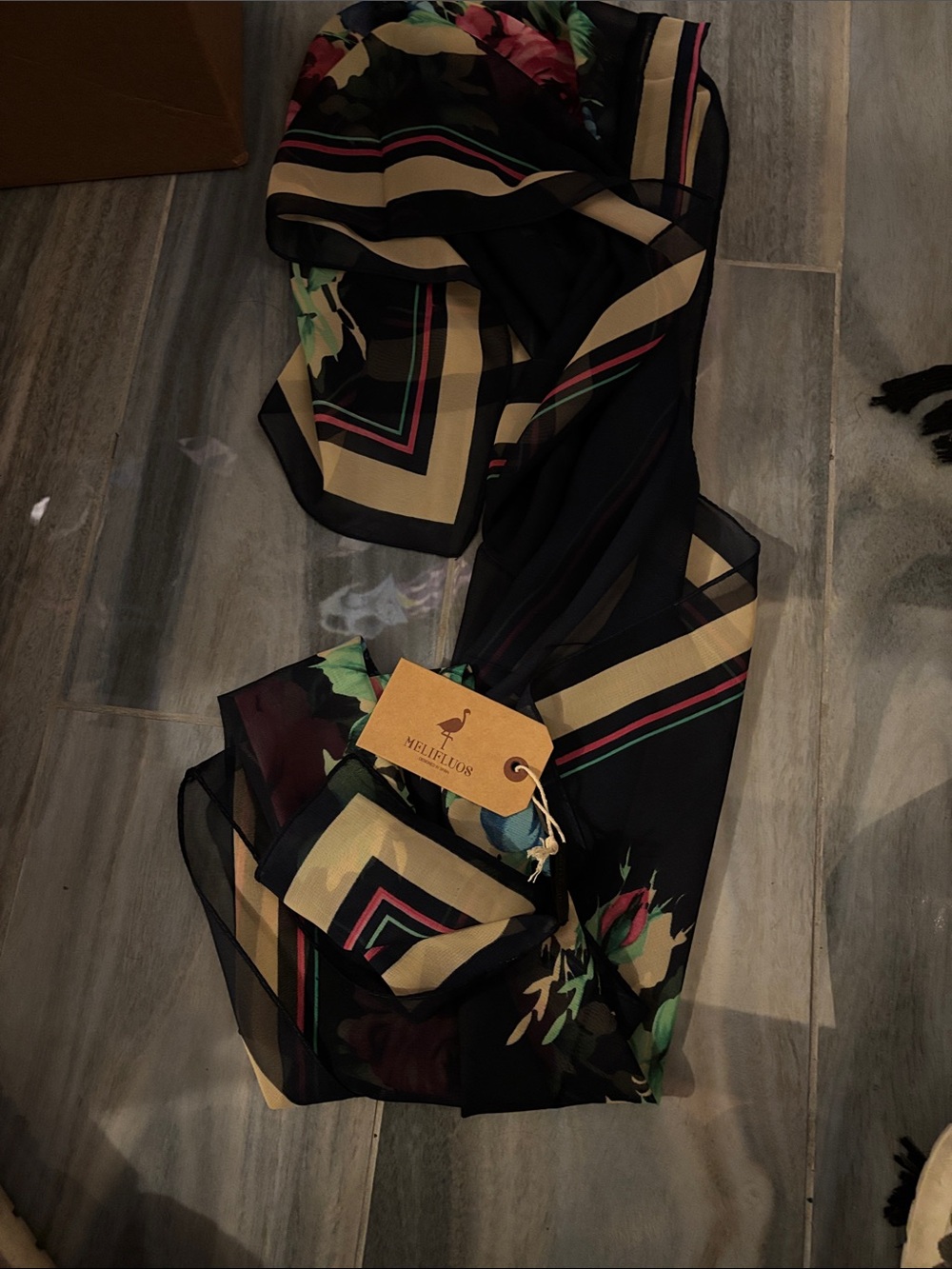 Floral Silk-Feel Black Scarf